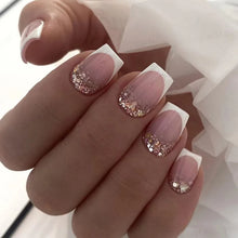 Load image into Gallery viewer, False Nail Full Cover Fake Nail Pink Glitter Wearable French Short Nails Square Head False Nail Press On Nails Manicure Tool
