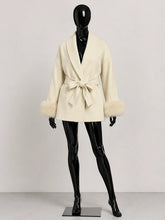 Load image into Gallery viewer, Women's Wool Coat with Fur Cuffs Minimalist Soft Wool High Fashion Belted Winter Fur Trim Coat Old Money Style Natural Fur Coat
