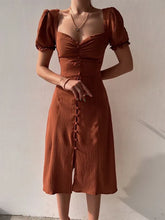 Load image into Gallery viewer, Elegant Dresses Women Summer Sexy Dress 2024 New V-Neck Single Breasted Short Puff Sleeves Solid High Waist Hem Split Midi Dress
