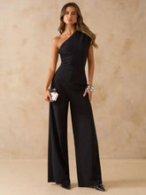 Load image into Gallery viewer, Slim Fit Stylish Jumpsuit Slanted Shoulder Single Sleeve Waist Cinched Wide Leg Fashionable Casual Women's Clothing
