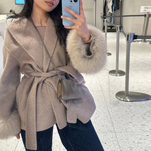Load image into Gallery viewer, Elegant Women's Lace Up Woolen Coats Solid Full Sleeve Turn-down Collar Loose Lady Coats 2025 Autumn Winter Female Streetwear
