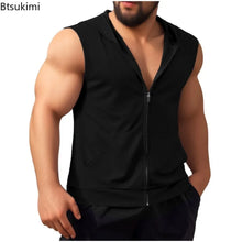 Load image into Gallery viewer, Summer New Men's Workout Hooded Tank Tops Zip-up Sleeveless Gym Bodybuilding Tees Muscle Tops Male Streetwear Casual Sweatshirts

