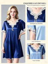 Load image into Gallery viewer, Elegant Women Satin Night Dress Lace V‑Neck Bow Knot Short Sleeve Sexy Sleepwear Ladies Home Loungewear Nightgown Sexy Lingiere
