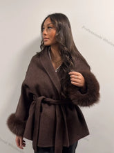 Load image into Gallery viewer, Women's Wool Coat with Fur Cuffs Minimalist Soft Wool High Fashion Belted Winter Fur Trim Coat Old Money Style Natural Fur Coat
