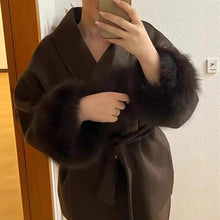 Load image into Gallery viewer, Elegant Women's Lace Up Woolen Coats Solid Full Sleeve Turn-down Collar Loose Lady Coats 2025 Autumn Winter Female Streetwear

