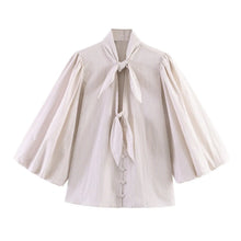 Load image into Gallery viewer, HH Women Elegant Striped Casual Spring Shirt Puff Sleeves Bow Decoration Blouse Female Loose Versatile Single-breasted Blouse
