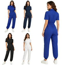 Load image into Gallery viewer, Womens Short Sleeve Scrubs Jumpsuit Front Zipper Elastic Waist Jogger Pants Rompers Nurse Doctor Workwear for Caring Nursing
