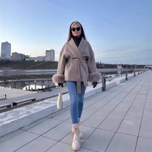 Load image into Gallery viewer, Elegant Women's Lace Up Woolen Coats Solid Full Sleeve Turn-down Collar Loose Lady Coats 2025 Autumn Winter Female Streetwear

