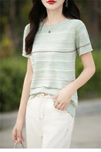 Load image into Gallery viewer, Women's T-shirts Summer New 100% Cotton Short Sleeve Casual Striped Knit Blouse Round Neck Tops Loose Pullover Tees
