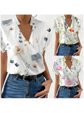 Load image into Gallery viewer, Shirts For Women 2023 Summer Loose V-neck Stand Collar Print Tops And Blouses Blusas Elegantes Finas Para Mujer Casual T Shirt
