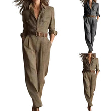 Load image into Gallery viewer, Beige Plaid Belted Shirt Jumpsuit
