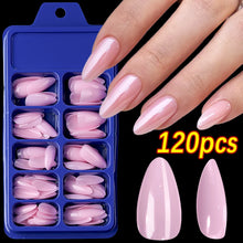 Load image into Gallery viewer, 120pcs/Box Bright Gloss Pink False Nails Medium Almond Simple Solid Color Press On Nails Soft Gel Full Cover Wearable False Nail
