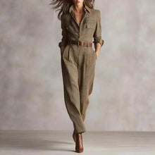 Load image into Gallery viewer, Beige Plaid Belted Shirt Jumpsuit
