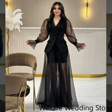 Load image into Gallery viewer, Black Evening Dress For Women V‑Neck Tulle Puff Long Sleeve Shoulder Beaded Embellishment Short Inner Dress Flowy Long Sheer

