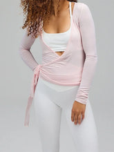 Load image into Gallery viewer, Women's Yoga Shirts Wrap Ruched Tie Front Long Sleeve Workout T Shirts Sexy Deep V Neck Slim Fit Casual Cropped Top

