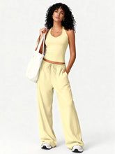 Load image into Gallery viewer, Women 2 Piece Yoga Outfit Ribbed Halter Crop Tank Top Drawstring Wide Leg Pants Set Casual Workout Gym Loungewear Tracksuit
