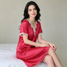 Load image into Gallery viewer, Elegant Women Satin Night Dress Lace V‑Neck Bow Knot Short Sleeve Sexy Sleepwear Ladies Home Loungewear Nightgown Sexy Lingiere
