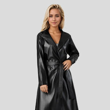 Load image into Gallery viewer, Fashion Turn Down Collar Pu Coat Work Street Wear Tight Waist Jacket Outerwear Women Mid Length Coats Faux Leather Jackets
