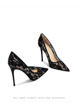 Load image into Gallery viewer, Black Lace High Heels for Women, 2026 New Slim Heel Pointed Sexy Versatile French Spring and Summer Breathable Single Shoes
