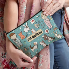 Load image into Gallery viewer, Pet Medicine Travel Organizer Pouch - Light Blue Polyester Cosmetic &amp; Toiletry Bag with Cute Dog &amp; Cat Illustrations
