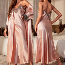 Load image into Gallery viewer, Female Long Twinset Robe Set Nightgown Spring Summer Kimono Bathrobe Gown Sexy Lace Trim Nightdress Satin Home Wear Loungewear
