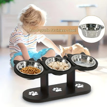 Load image into Gallery viewer, Elevated Cat Food Bowl with Black Wooden Support Frame Stainless Steel Cats Bowls 15° Stand Sloped Feeding &amp; Watering Supplies
