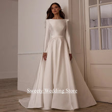 Load image into Gallery viewer, Modern Arabian Wedding Dress for Woman Customized Boat Neck Long Sleeves Sweep Train Open Back A Line Bride Bridal Gown
