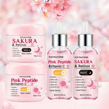 Load image into Gallery viewer, 4-Piece Day &amp; Night Skincare Set: Pink Peptide Vitamin C Day Cream + Sakura Retinol Night Cream &amp; Essence for Hydration, Firmnes

