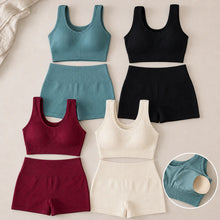Load image into Gallery viewer, Seamless Ribbed Yoga Set 2 Piece Workout Outfit, Crop Tank Top &amp; High Waist Biker Shorts Gym Suit for Fitness, Running, Pilates
