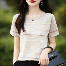 Load image into Gallery viewer, Women's T-shirts Summer New 100% Cotton Short Sleeve Casual Striped Knit Blouse Round Neck Tops Loose Pullover Tees
