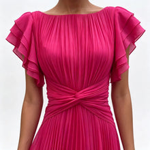 Load image into Gallery viewer, Wedding Guest Dress Elegant Party Long A Line Cap Sleeve Dresses Evening Pleated Off Shoulder Maxi Dress Fuchsia Pink Solid

