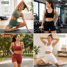 Load image into Gallery viewer, Seamless Ribbed Yoga Set 2 Piece Workout Outfit, Crop Tank Top &amp; High Waist Biker Shorts Gym Suit for Fitness, Running, Pilates
