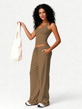 Load image into Gallery viewer, Women 2 Piece Yoga Outfit Ribbed Halter Crop Tank Top Drawstring Wide Leg Pants Set Casual Workout Gym Loungewear Tracksuit
