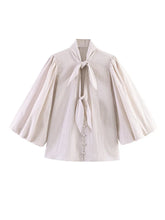 Load image into Gallery viewer, HH Women Elegant Striped Casual Spring Shirt Puff Sleeves Bow Decoration Blouse Female Loose Versatile Single-breasted Blouse
