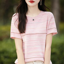 Load image into Gallery viewer, Women's T-shirts Summer New 100% Cotton Short Sleeve Casual Striped Knit Blouse Round Neck Tops Loose Pullover Tees
