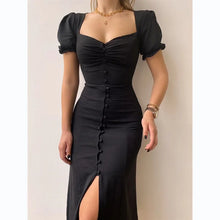 Load image into Gallery viewer, Elegant Dresses Women Summer Sexy Dress 2024 New V-Neck Single Breasted Short Puff Sleeves Solid High Waist Hem Split Midi Dress
