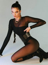 Load image into Gallery viewer, Hipster Tight Jumpsuit Woman Midnight Overalls Streetwear O-Neck Long Sleeve Zipper Sexy See Through Mesh Rompers Women Jumpsuit
