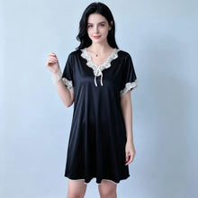 Load image into Gallery viewer, Elegant Women Satin Night Dress Lace V‑Neck Bow Knot Short Sleeve Sexy Sleepwear Ladies Home Loungewear Nightgown Sexy Lingiere
