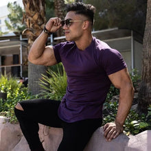 Load image into Gallery viewer, Muscle Training T-shirt Men's Summer Workout Short Sleeve T-shirt High Quality Cotton Fitness Men T-shirt Gym Solid Color Tops
