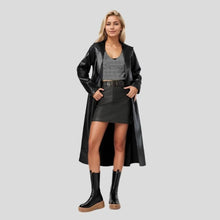 Load image into Gallery viewer, Fashion Turn Down Collar Pu Coat Work Street Wear Tight Waist Jacket Outerwear Women Mid Length Coats Faux Leather Jackets
