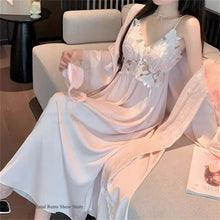 Load image into Gallery viewer, Elegant Female Long Robe Set Nightgown Silky Ice Silk Sleepwear Homewear SEXY Hollow Out Lace Nightdress Lingerie Loungewear

