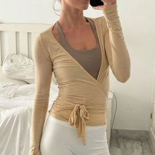 Load image into Gallery viewer, Women's Yoga Shirts Wrap Ruched Tie Front Long Sleeve Workout T Shirts Sexy Deep V Neck Slim Fit Casual Cropped Top
