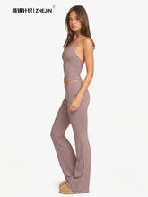 Load image into Gallery viewer, 2 Piece Yoga Set Women Foldover Waist Flare Pants Bell Bottoms Tank Top Matching Set Gym Workout Fitness Wear Lounge Wear Suit
