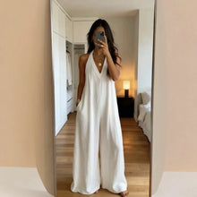 Load image into Gallery viewer, Women's White Halter Jumpsuit Deep V Neck Sleeveless Wide Leg Cuffed Hem Pocketed Boho Resort Casual Summer Y2K Chic Jumpsuit
