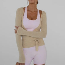 Load image into Gallery viewer, Women's Yoga Shirts Wrap Ruched Tie Front Long Sleeve Workout T Shirts Sexy Deep V Neck Slim Fit Casual Cropped Top
