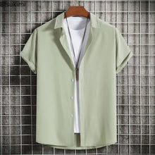 Load image into Gallery viewer, New Short Sleeve Shirts for Men Fashion Solid Casual Lapel Cardigan Tops Men Comfort Single-breasted Blouse Summer Beach Shirts
