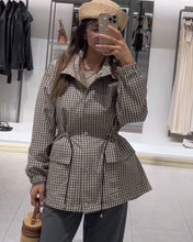 Load image into Gallery viewer, Women's Coat 2026 New Autumn Gray Plaid Long Sleeve Loose Drawstring Decorative Coat Casual Fashion Personal Ladies Outerwear
