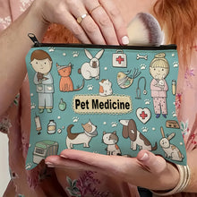 Load image into Gallery viewer, Pet Medicine Travel Organizer Pouch - Light Blue Polyester Cosmetic &amp; Toiletry Bag with Cute Dog &amp; Cat Illustrations
