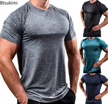 Load image into Gallery viewer, Summer Gym T-shirts Men's Solid Fitness Clothing O-neck Short Sleeve Tops Breathable Slim Bodybuilding Workout Muscle Tees Male
