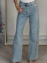Load image into Gallery viewer, 2025 Women Jeans Straight Diamonds Pants Stretch High Waist Washed Mom Jeans Y2k Streetwear Trousers Vintage Denims Streetwear
